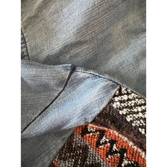 Joh Boho Tunic Dress S Blue Denim Style Fringe Hem Aztec Fabric Yoke - Picture 12 of 14